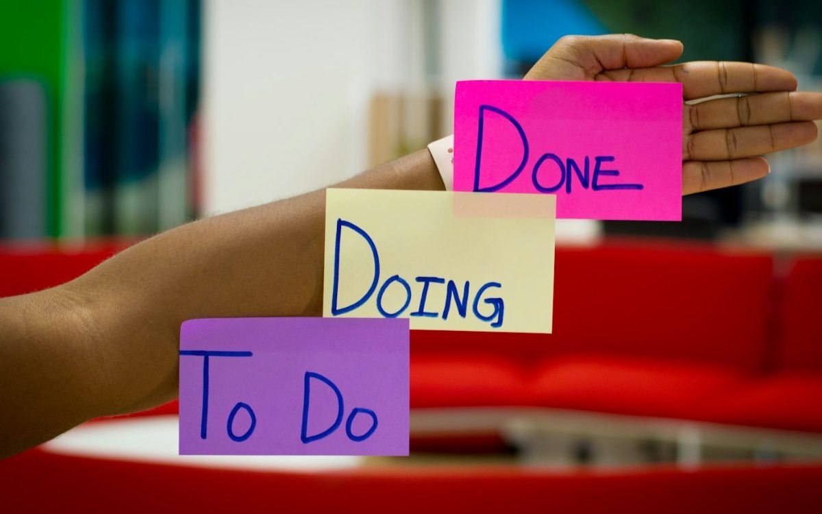 A hand holding To Do, Doing and Done sticky notes