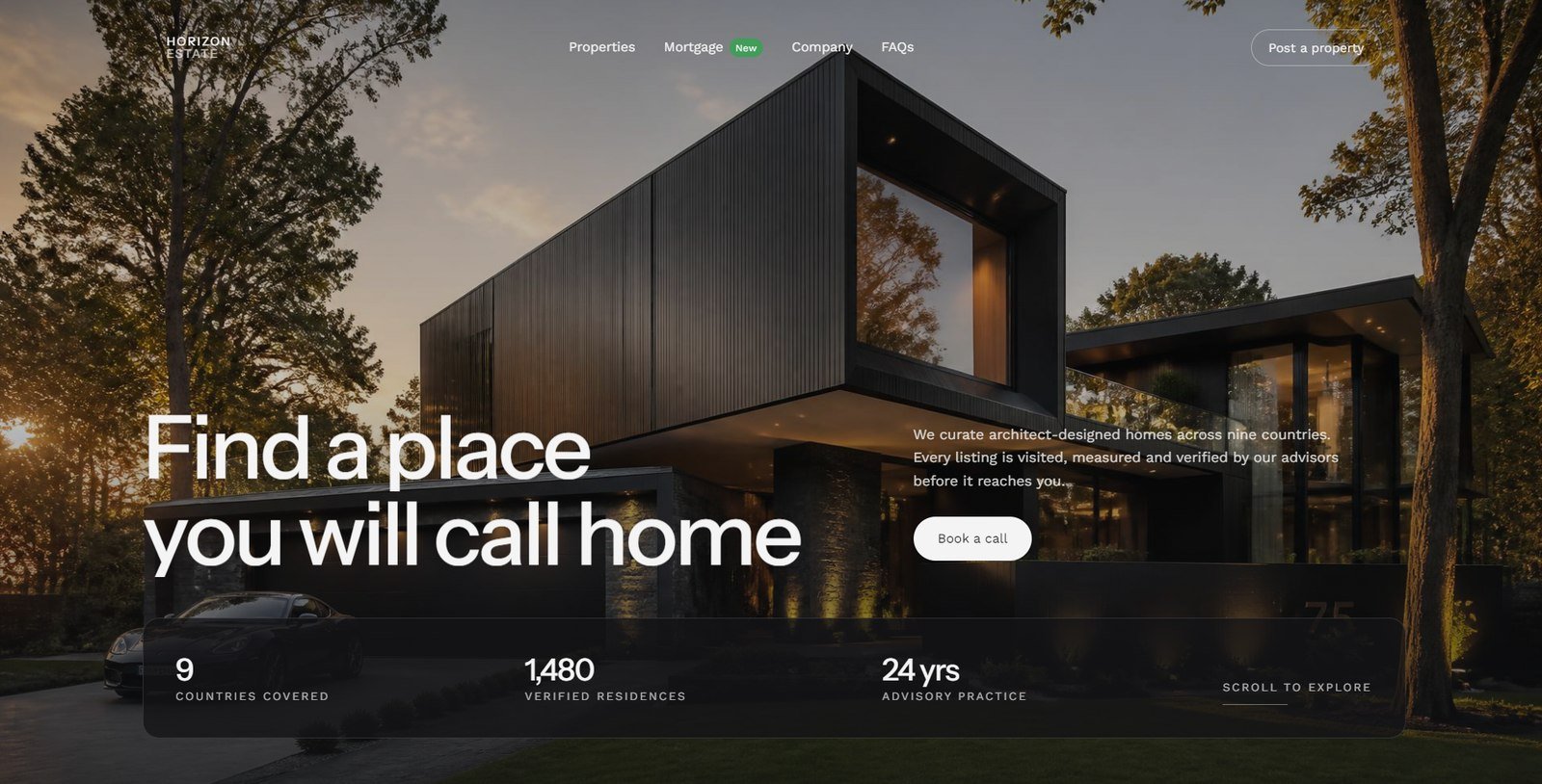 Horizon Estate luxury real estate website hero with an architect-designed home at sunset