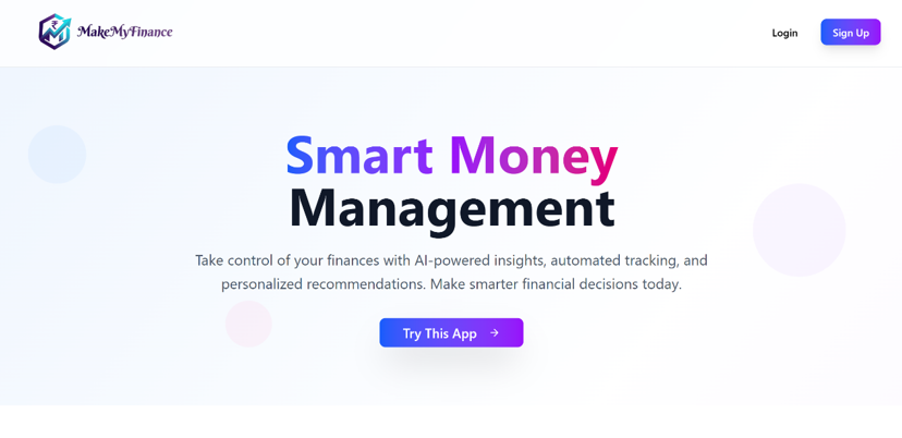 MakeMy Finance smart money management landing page with AI-powered insights